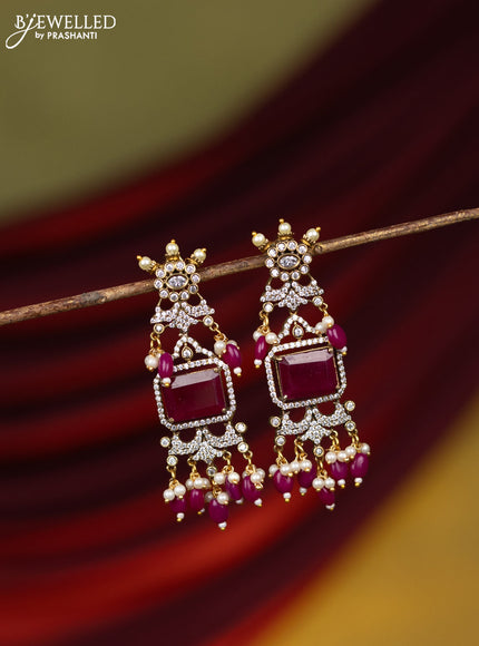 Earring with ruby & cz stones and pearl & pink beads hanging in victorian finish