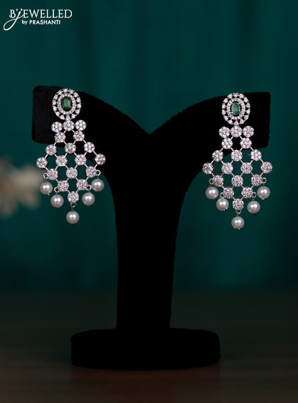 Zircon earring with emerald & cz stones and pearl hangings
