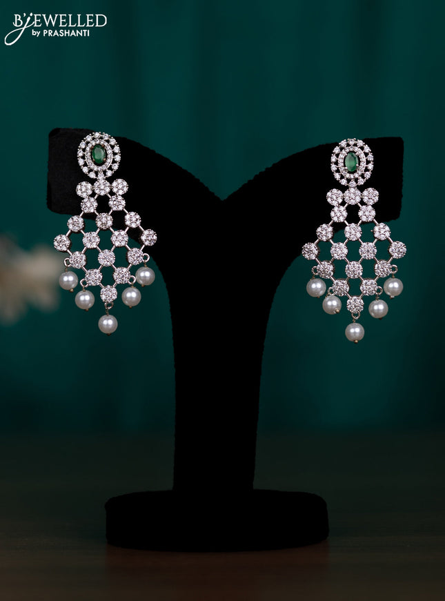 Zircon earring with emerald & cz stones and pearl hangings