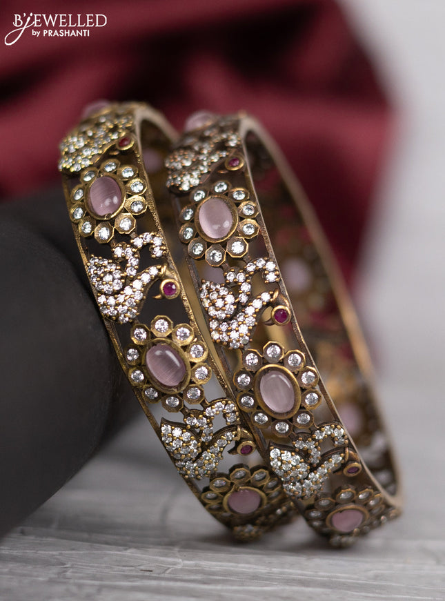 Victorian finish bangle swan design with baby pink and cz stones
