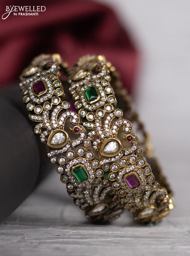 Victorian finish bangle peacock design with kemp & kundan and cz stones