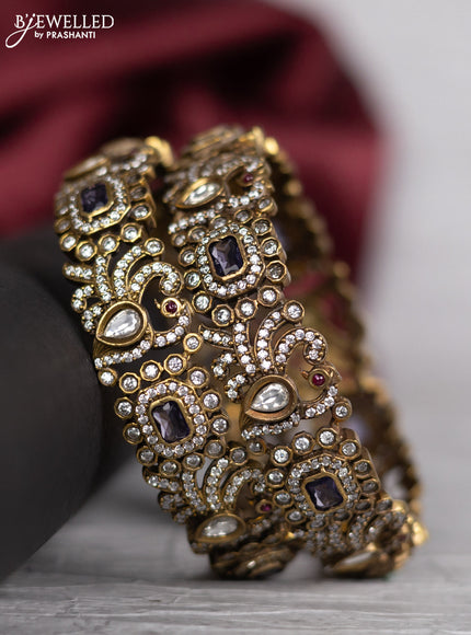 Victorian finish bangle peacock design with violet & kundan and cz stones