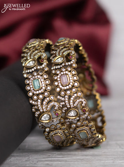 Victorian finish bangle peacock design with mint green & baby pink and cz stones