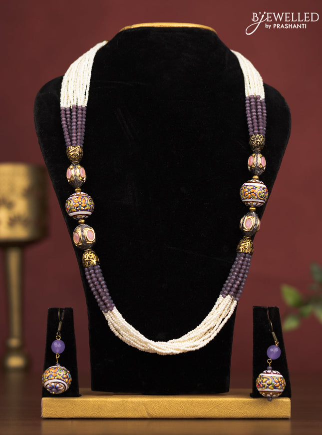 Jaipur crystal beaded white and lavender necklace with minakari balls and with earrings