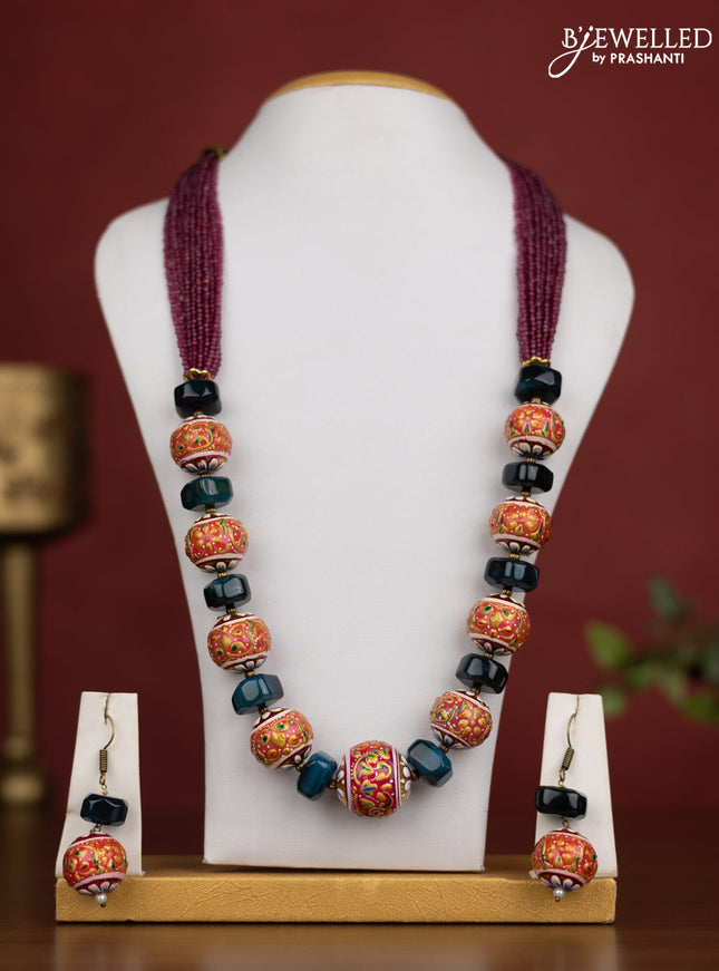 Jaipur crystal beaded maroon and blue beads necklace with earrings