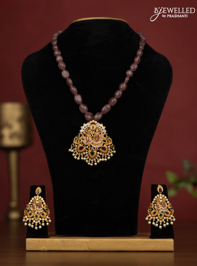 Beaded onion pink Necklace  with radhe krishna antique pendant with kemp and cz stones with pearl hangings