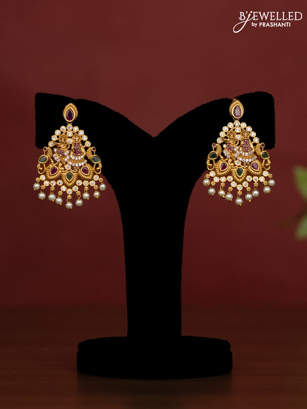 Beaded onion pink Necklace  with radhe krishna antique pendant with kemp and cz stones with pearl hangings