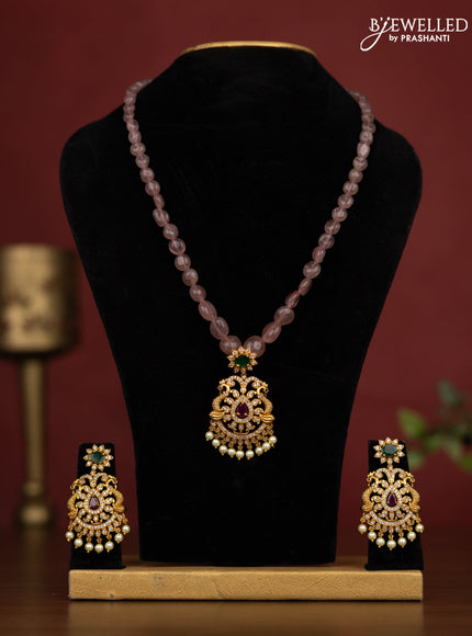 Beaded onion pink Necklace double peacock design with ruby and cz stones and pearl hangings