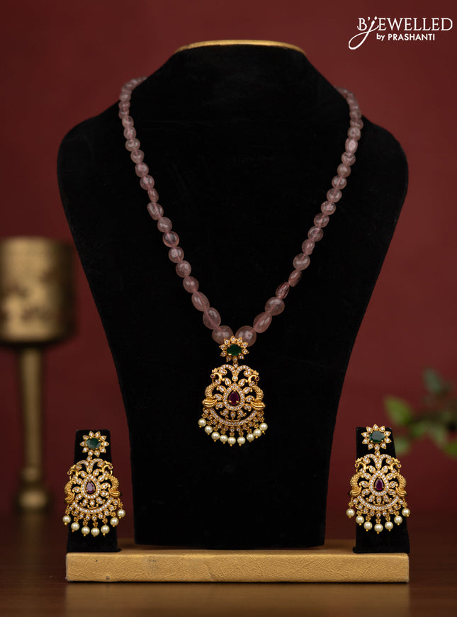 Beaded onion pink Necklace double peacock design with ruby and cz stones and pearl hangings