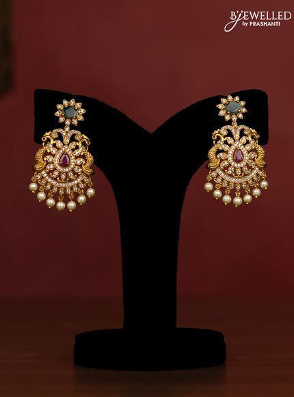 Beaded onion pink Necklace double peacock design with ruby and cz stones and pearl hangings