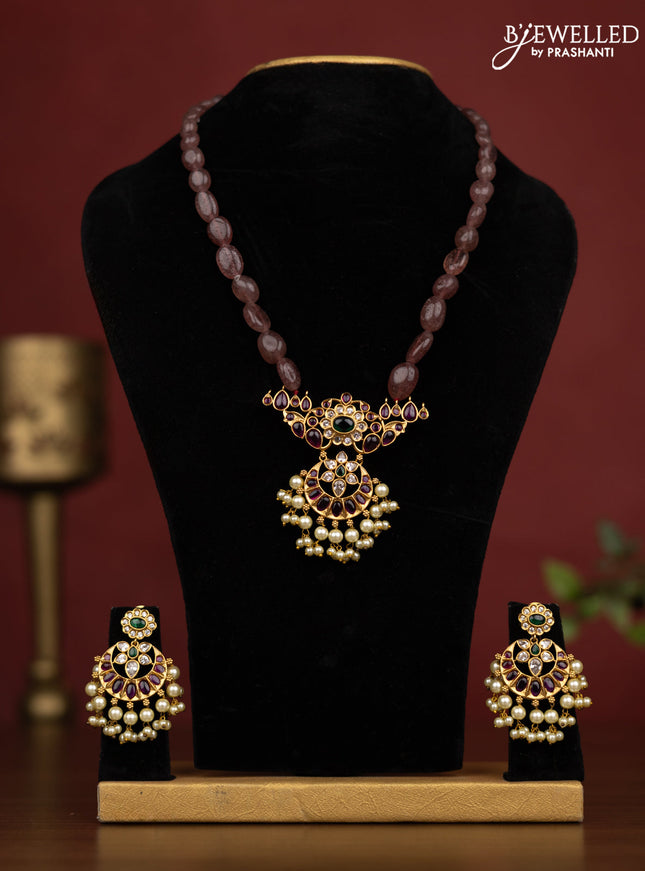 Beaded onion pink Necklace peacock design with ruby and cz stones and pearl hangings