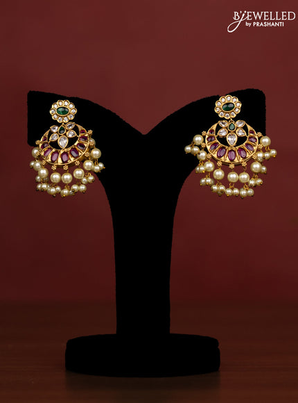 Beaded onion pink Necklace peacock design with ruby and cz stones and pearl hangings