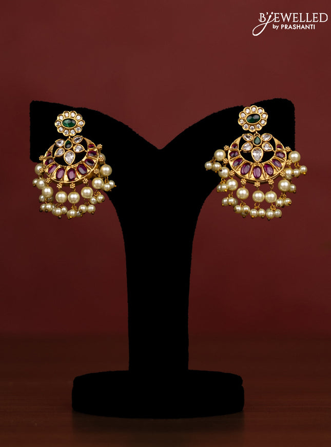 Beaded onion pink Necklace peacock design with ruby and cz stones and pearl hangings