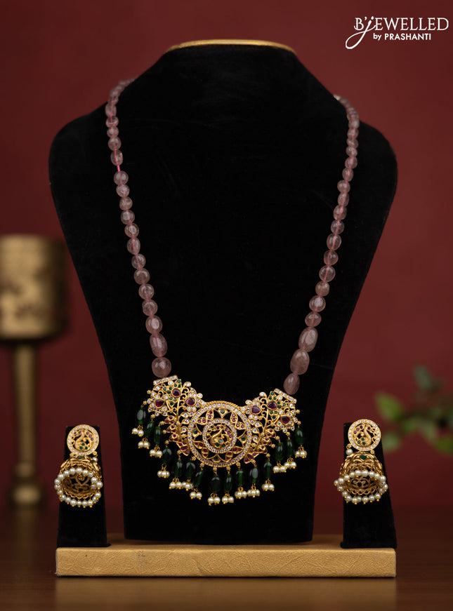 Beaded onion pink Necklace with kemp stones and pearl hangings