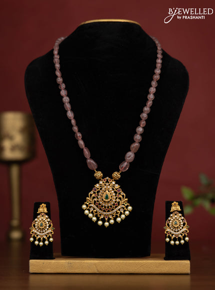 Beaded onion pink Necklace with kemp and cz stones and pearl hangings