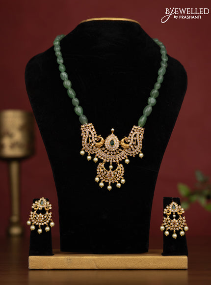 Beaded sea green Necklace double peacock design with ruby and cz stones and pearl hangings