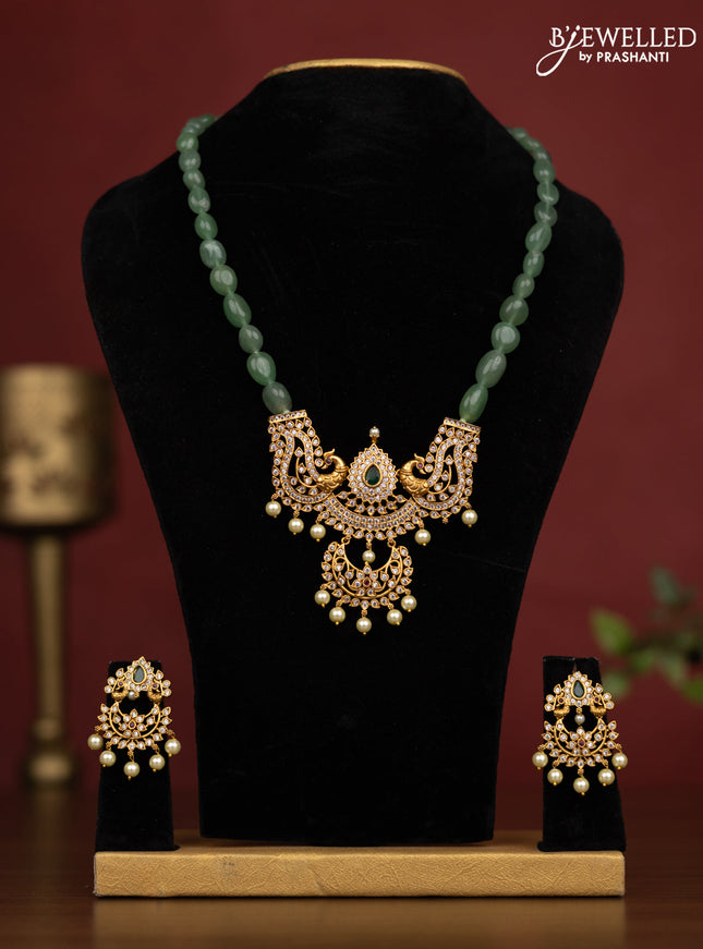 Beaded sea green Necklace double peacock design with ruby and cz stones and pearl hangings