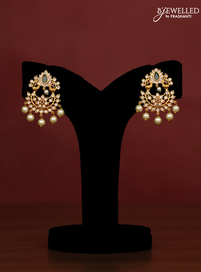 Beaded sea green Necklace double peacock design with ruby and cz stones and pearl hangings