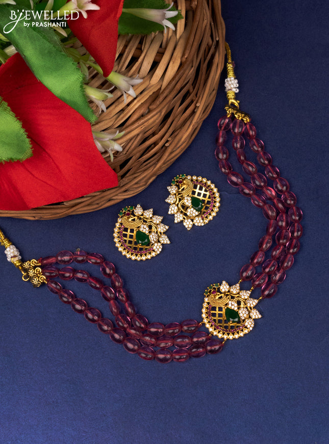 Beaded light maroon choker peacock design with kemp and cz stone