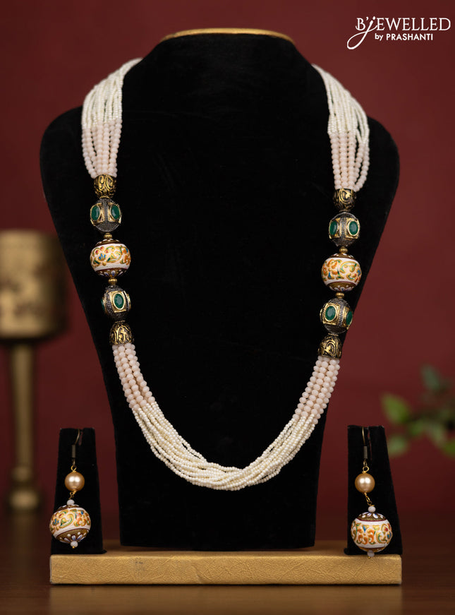 Jaipur crystal white and pink half and half beaded necklace with earrings