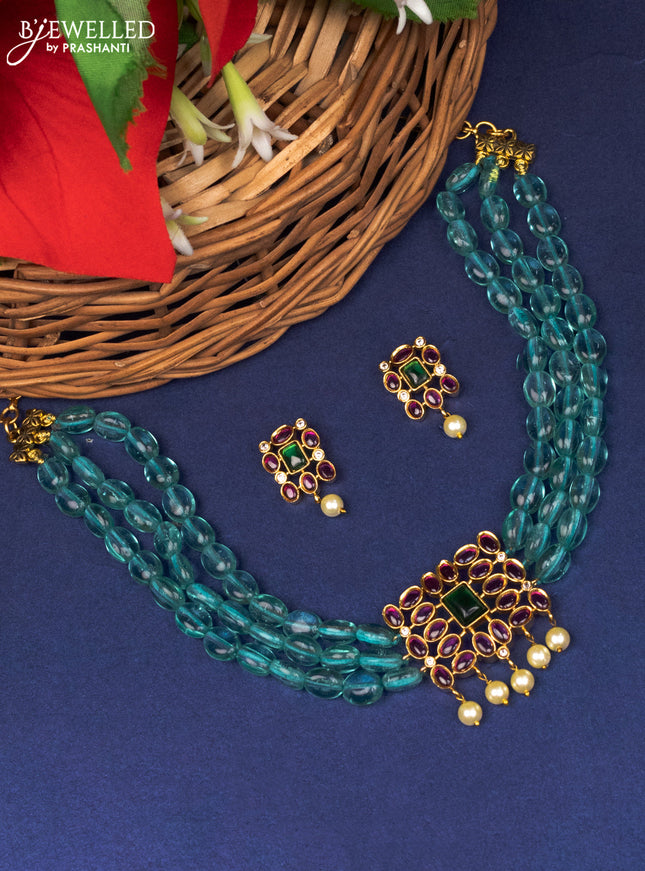 Beaded ice blue choker with kemp & cz stones and pearl hangings