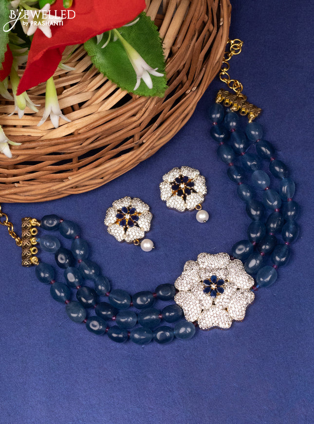 Beaded choker with sapphire & cz stones and pearl hangings