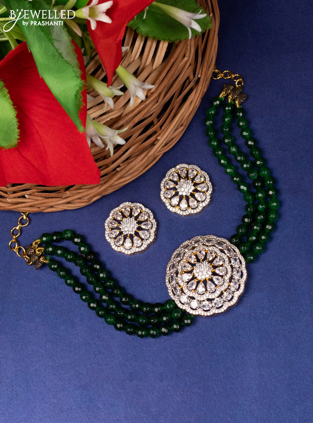 Beaded dark green choker with cz stones in gold finish