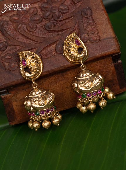 Antique jhumka with kemp stones and golden beads hanging