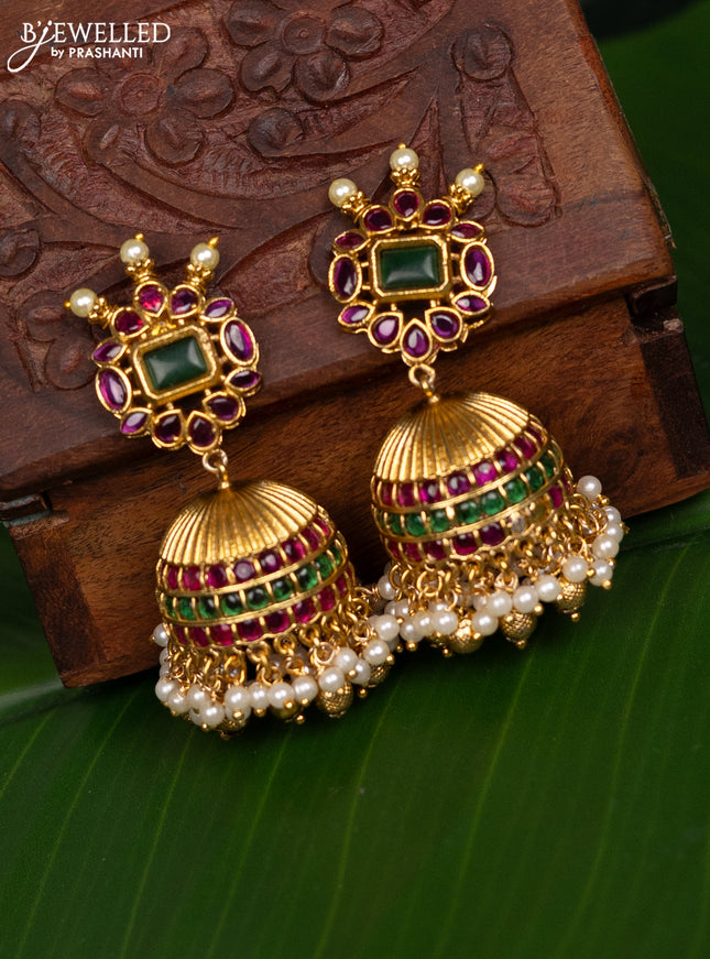 Antique jhumka with kemp stones and pearl & golden beads hanging