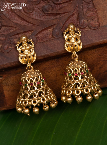 Antique jhumka lakshmi design with kemp stones and golden beads hanging