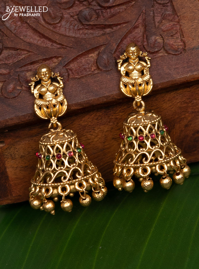 Antique jhumka lakshmi design with kemp stones and golden beads hanging