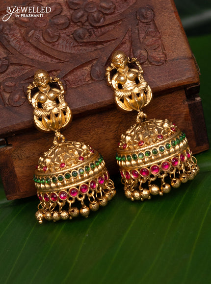 Antique jhumka lakshmi design with kemp stones and golden beads hanging