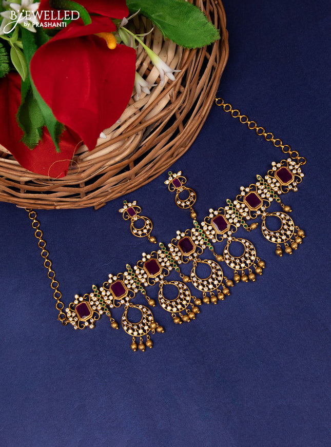 Antique choker chandbali design with kemp & cz stones and golden beads hanging