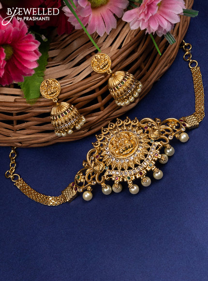 Antique choker lakshmi design with kemp & cz stones and pearl hangings