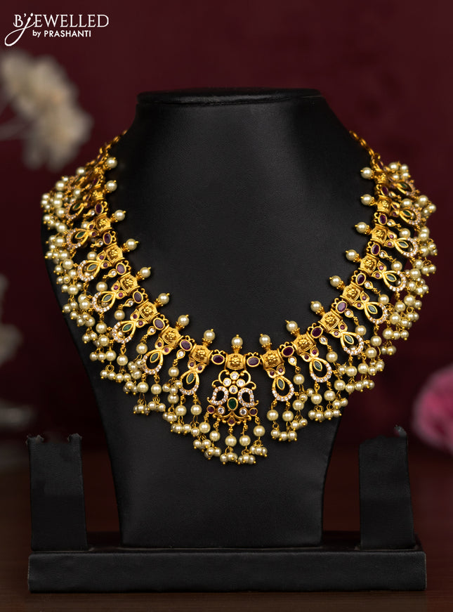 Antique guttapusalu necklace with kemp & cz stones and pearl hangings without earring