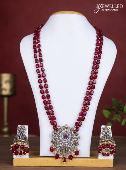 Beaded double layer maroon necklace with ruby & cz stones and pearl & beads hanging in victorian finish