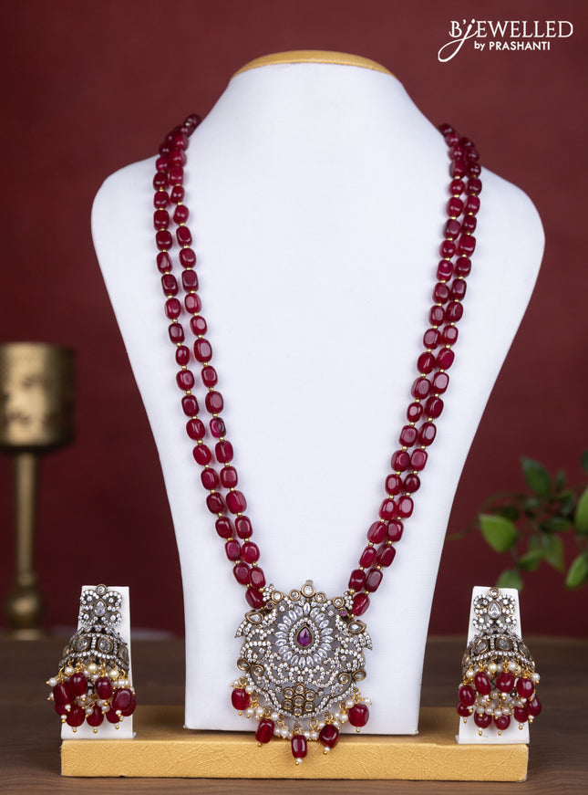 Beaded double layer maroon necklace with ruby & cz stones and pearl & beads hanging in victorian finish