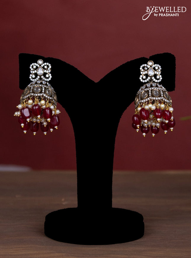 Beaded double layer maroon necklace with ruby & cz stones and pearl & beads hanging in victorian finish