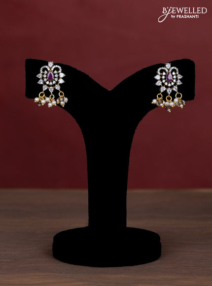 Beaded triple layer brown necklace with ruby & cz stones and pearl hangings in victorian finish