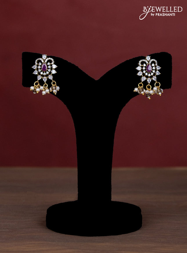 Beaded triple layer brown necklace with ruby & cz stones and pearl hangings in victorian finish