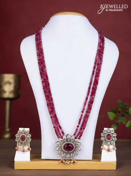 Beaded double layer maroon necklace with ruby & cz stones and pearl & beads hanging in victorian finish