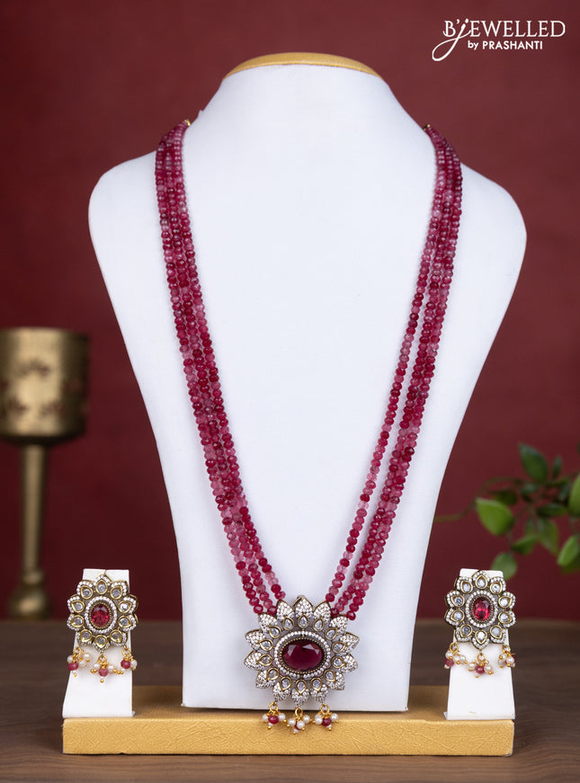 Beaded double layer maroon necklace with ruby & cz stones and pearl & beads hanging in victorian finish