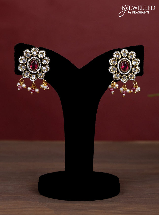 Beaded double layer maroon necklace with ruby & cz stones and pearl & beads hanging in victorian finish