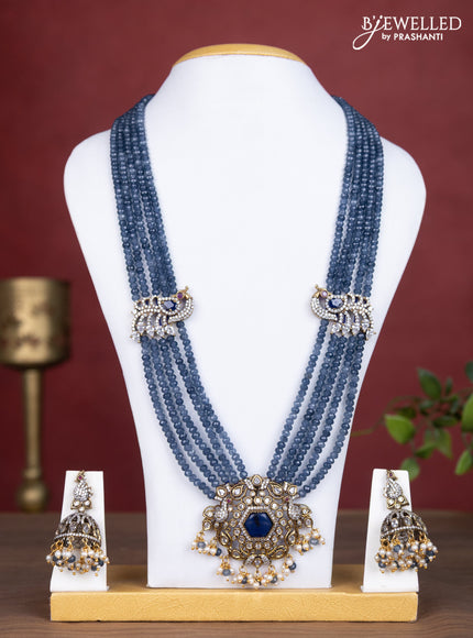 Beaded multilayer necklace peacock design with sapphire & cz stones and pearl & beads hanging in victorian finish