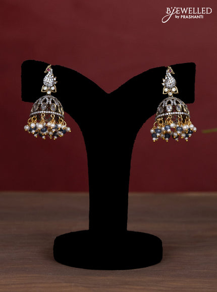 Beaded multilayer necklace peacock design with sapphire & cz stones and pearl & beads hanging in victorian finish