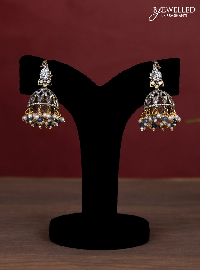 Beaded multilayer necklace peacock design with sapphire & cz stones and pearl & beads hanging in victorian finish