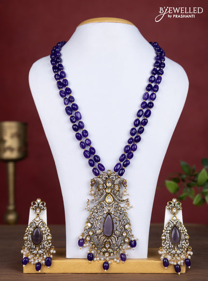 Beaded double layer violet necklace with cz stones and pearl & beads hanging in victorian finish