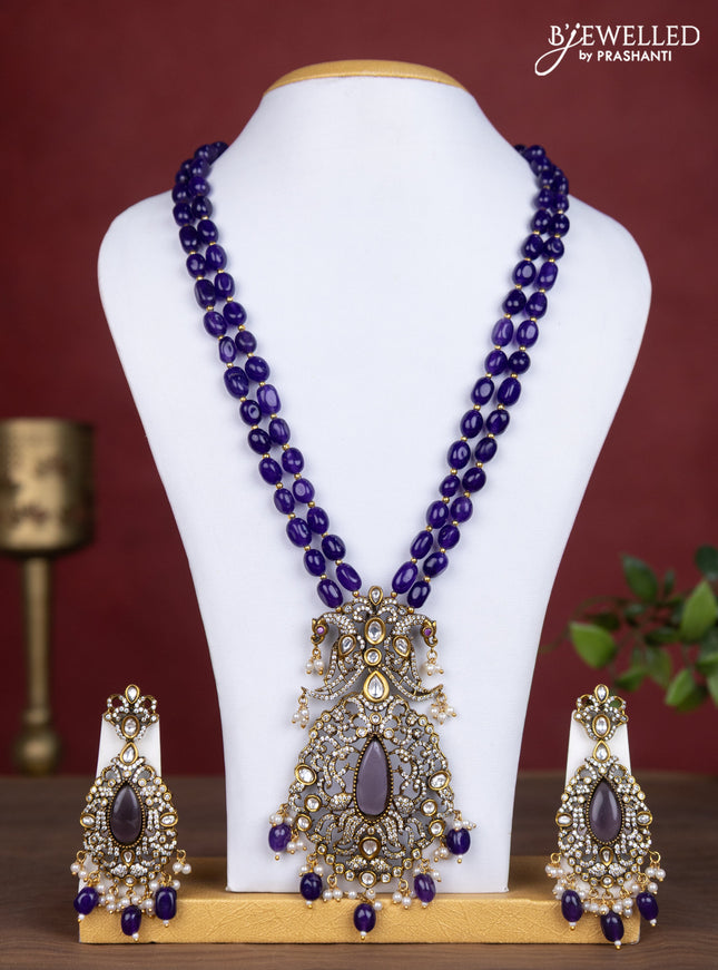 Beaded double layer violet necklace with cz stones and pearl & beads hanging in victorian finish