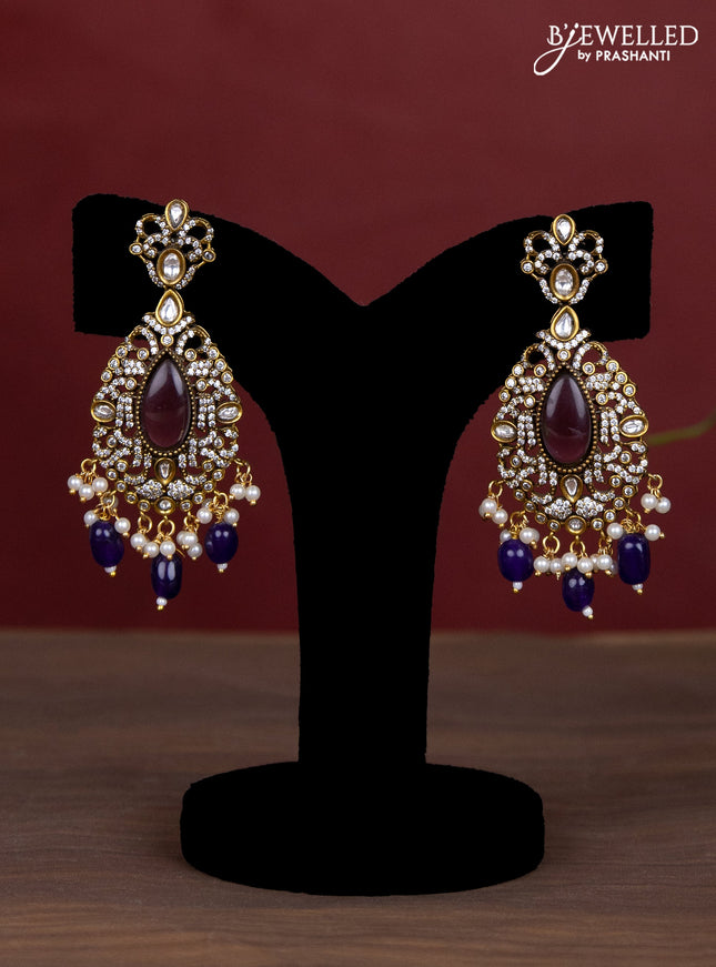 Beaded double layer violet necklace with cz stones and pearl & beads hanging in victorian finish