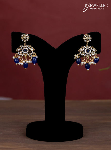 Beaded blue necklace peacock design with sapphire & cz stones and pearl & beads hanging in victorian finish